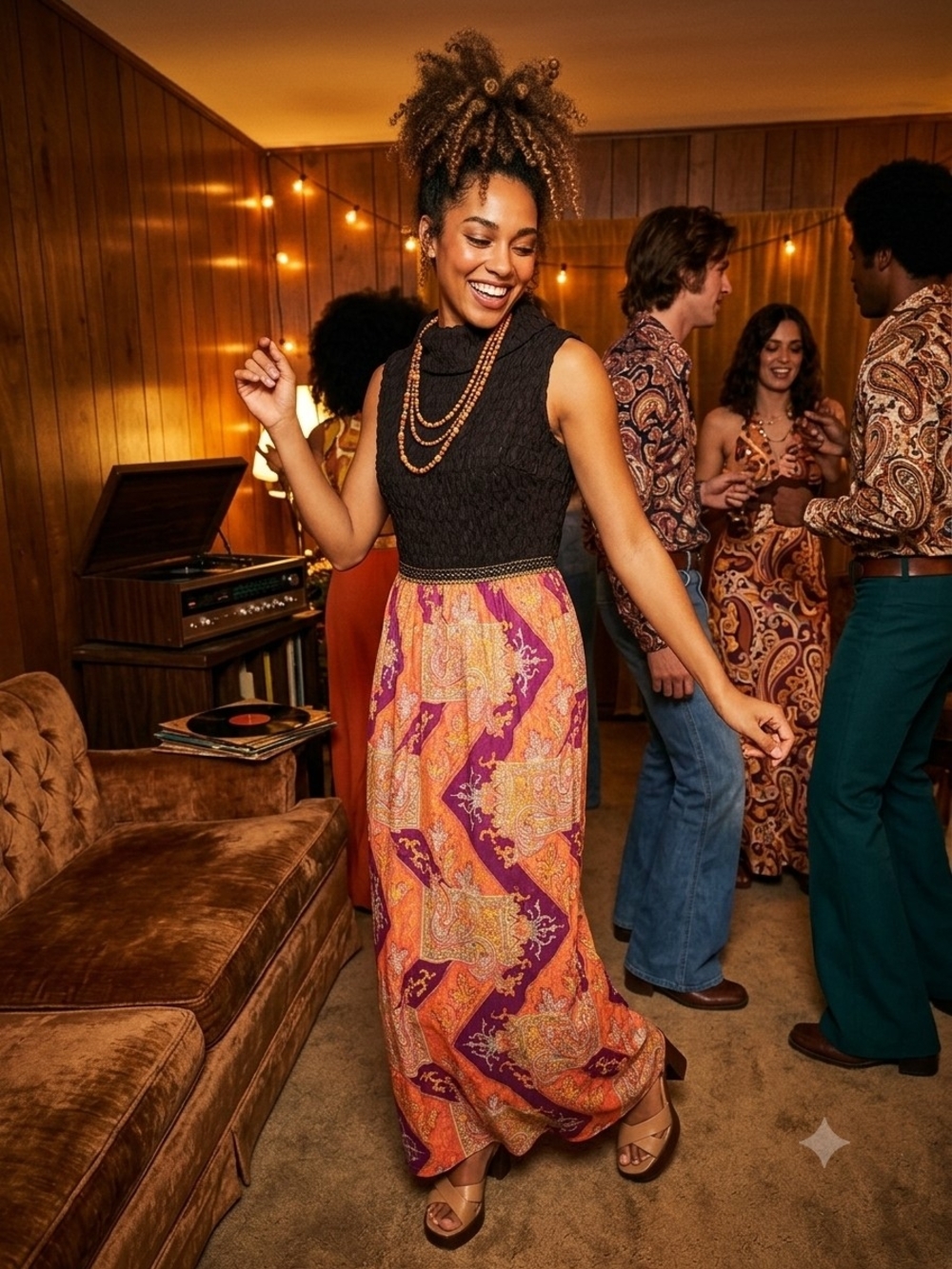 Vintage 70s Union Made Acetate Maxi Dress Textured Paisley Orange Purple 12